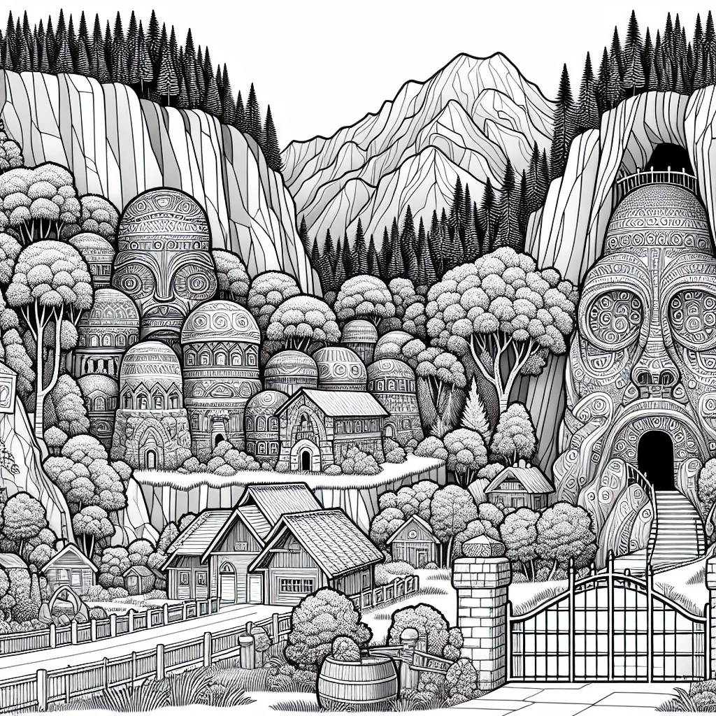 Coloriage village cache de Konoha avec monument des Hokage a imprimer