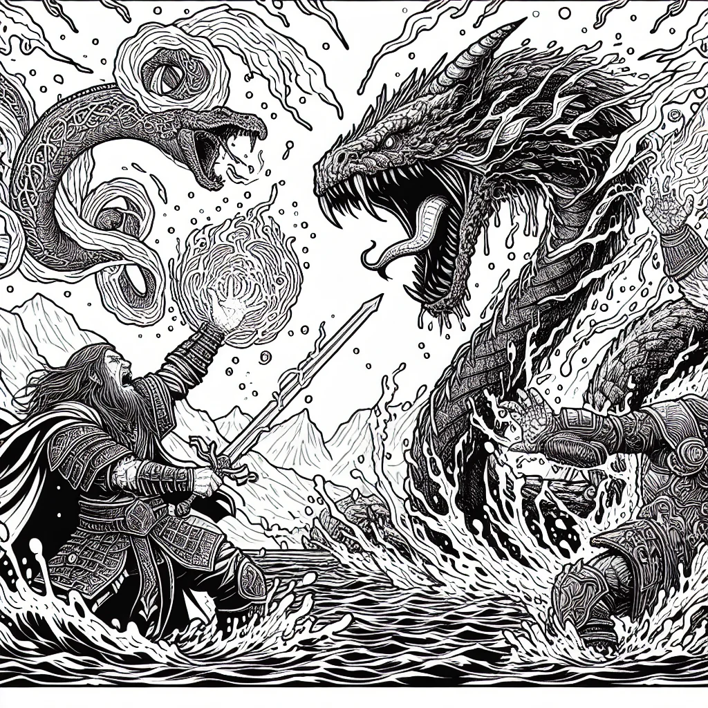 Coloriage combat de deux ninjas sur eau avec techniques jutsu a imprimer