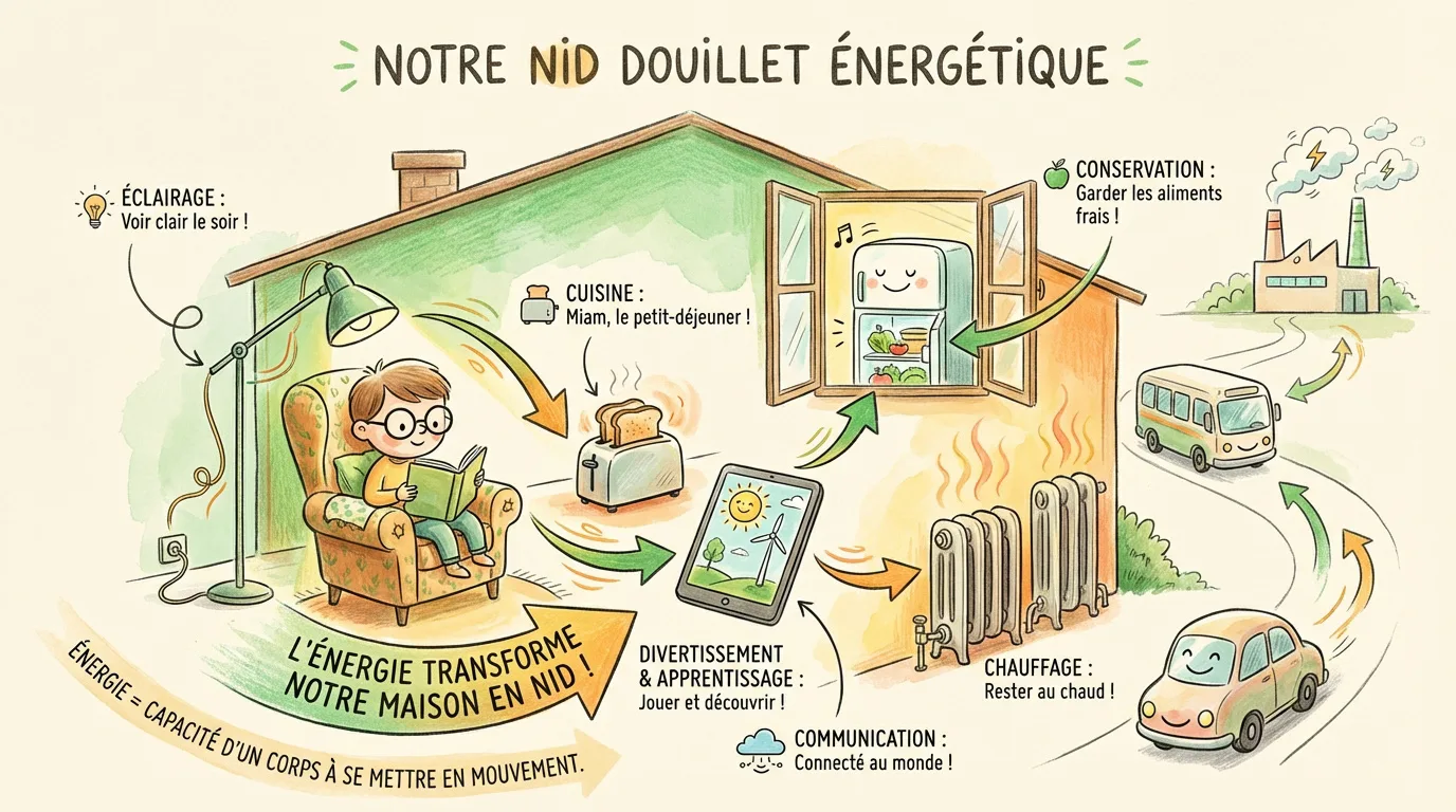 Illustration enfantine détaillant l'utilisation de l'énergie à la maison (éclairage, chauffage, cuisine) et pour les transports. Un enfant lit, une tablette montre éolienne et soleil.