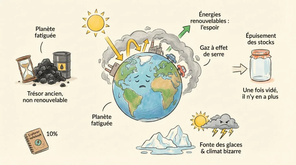 Illustration de la Terre entourée de fumée industrielle montrant l'urgence climatique