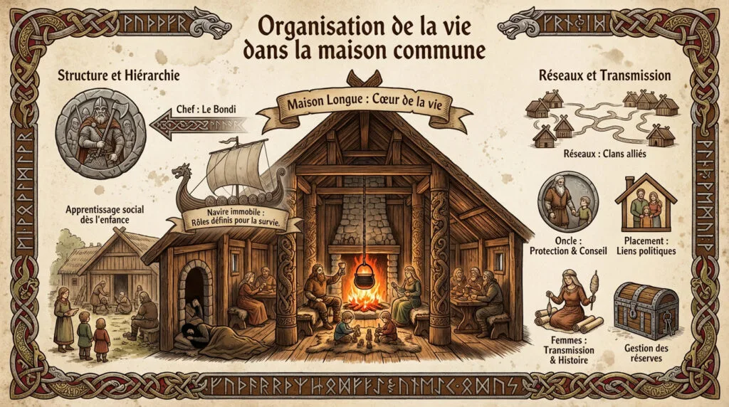 Intérieur d'une maison longue viking avec son foyer central et ses bancs latéraux