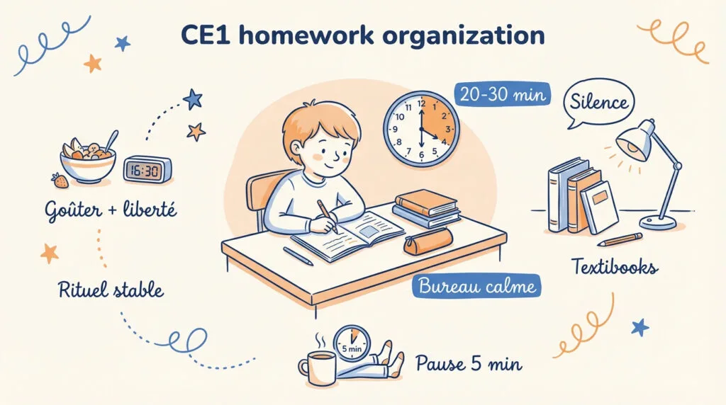 Enfant de CE1 concentré sur ses devoirs dans un environnement calme