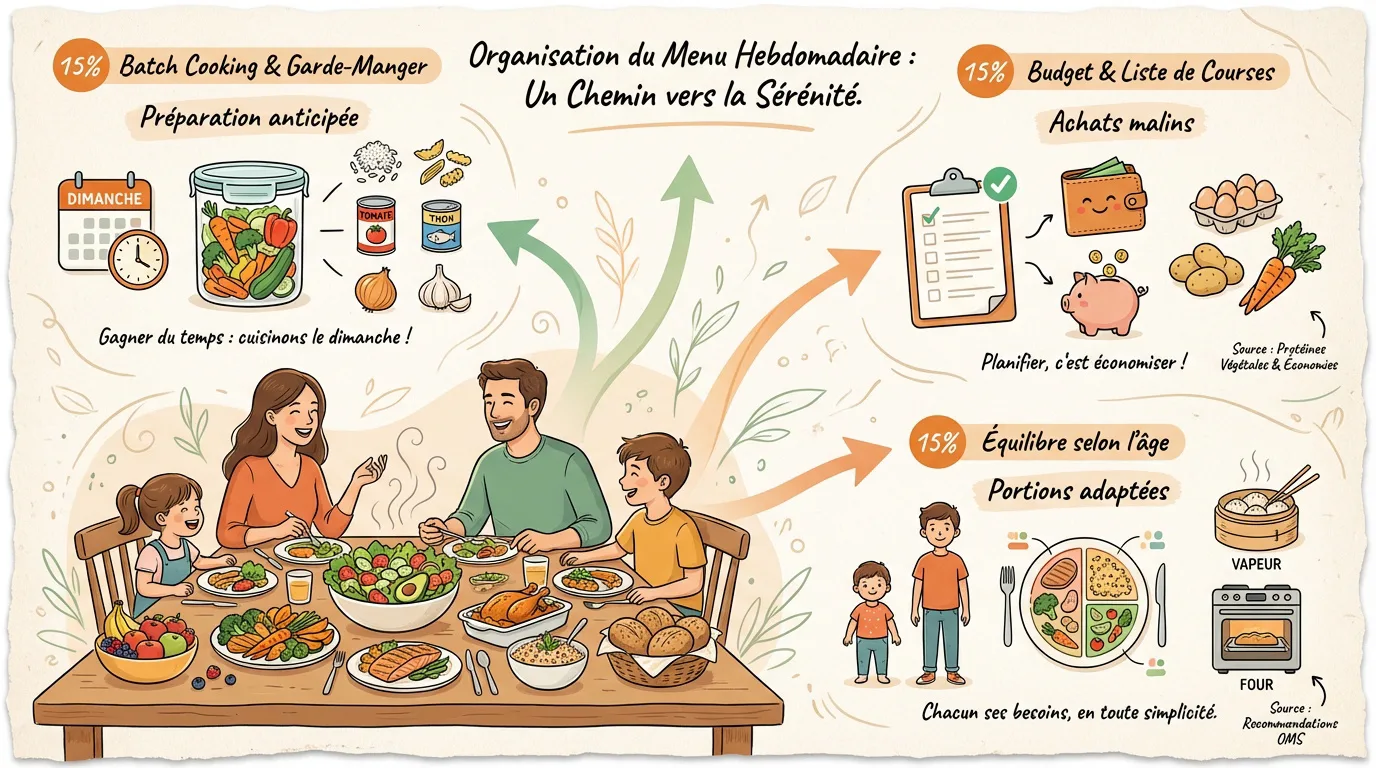 Infographie sur l'organisation du menu hebdomadaire familial : batch cooking, budget, portions adaptées et bien-être.