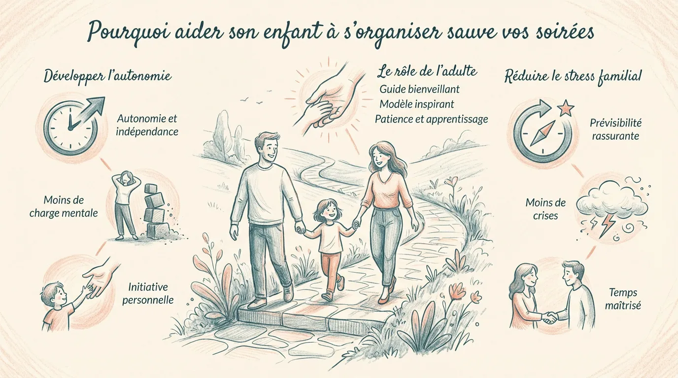Infographie illustrant les bénéfices de l'organisation pour les enfants et les parents : autonomie, moins de stress familial, rôle des adultes.