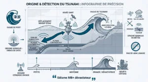 Infographie expliquant l'origine sismique des tsunamis, leur détection par bouées et satellite, et leur amplification côtière.