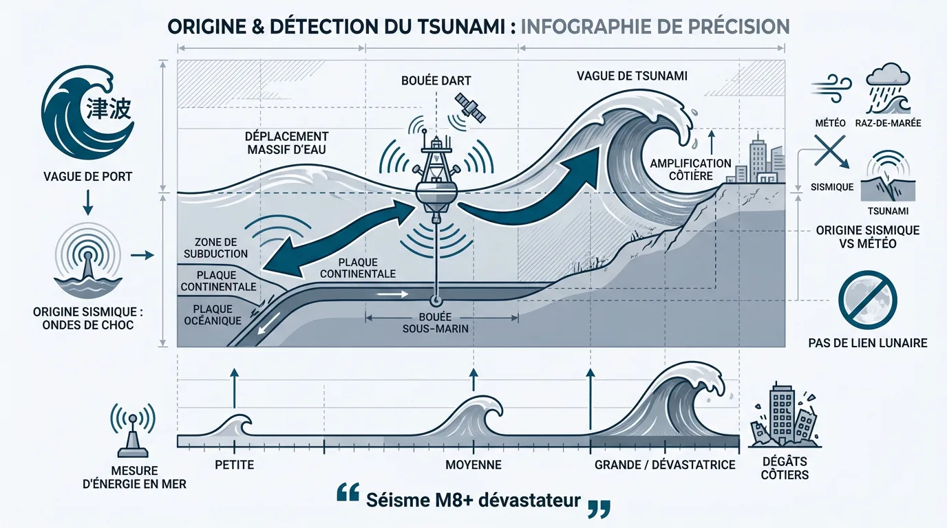 Infographie expliquant l'origine sismique des tsunamis, leur détection par bouées et satellite, et leur amplification côtière.