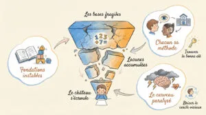 Diagramme illustré expliquant les difficultés en maths: fondations instables, bases fragiles, lacunes, stress, blocage et solutions.
