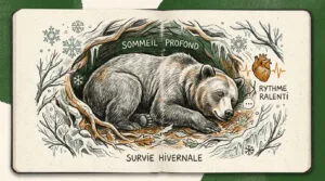 Illustration d'un ours dormant profondément dans une tanière pour l'hiver, avec les textes 'Sommeil profond', 'Rythme ralenti' et 'Survie hivernale'.
