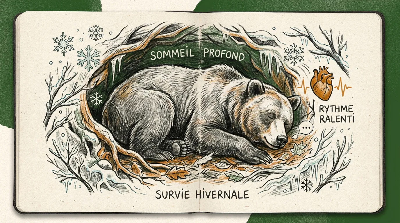 Illustration d'un ours dormant profondément dans une tanière pour l'hiver, avec les textes 'Sommeil profond', 'Rythme ralenti' et 'Survie hivernale'.