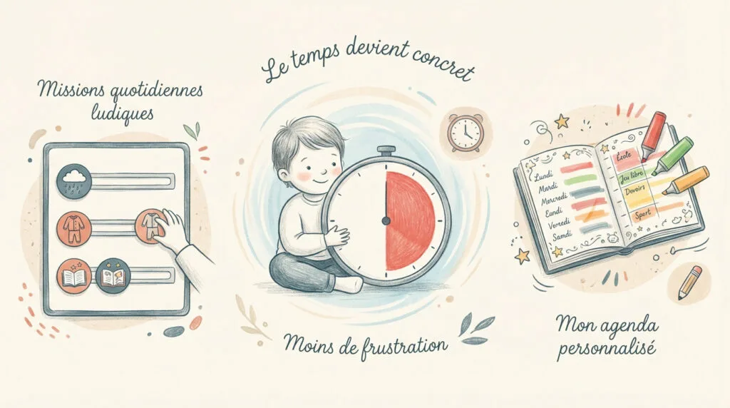 Enfant utilisant un minuteur visuel et un tableau de routine pour mieux s'organiser