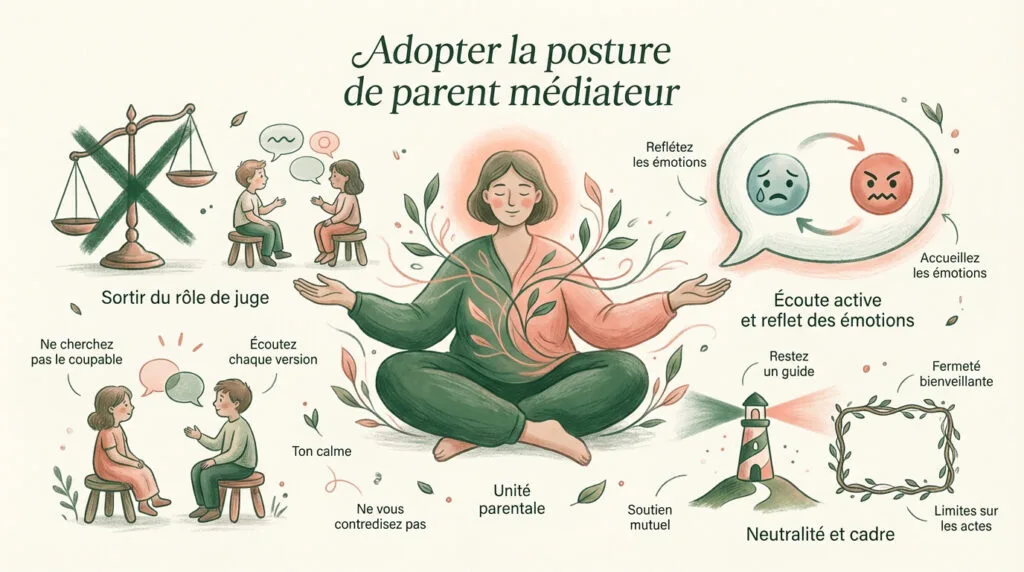 Maman écoutant calmement ses deux enfants pendant une dispute pour jouer le rôle de médiatrice