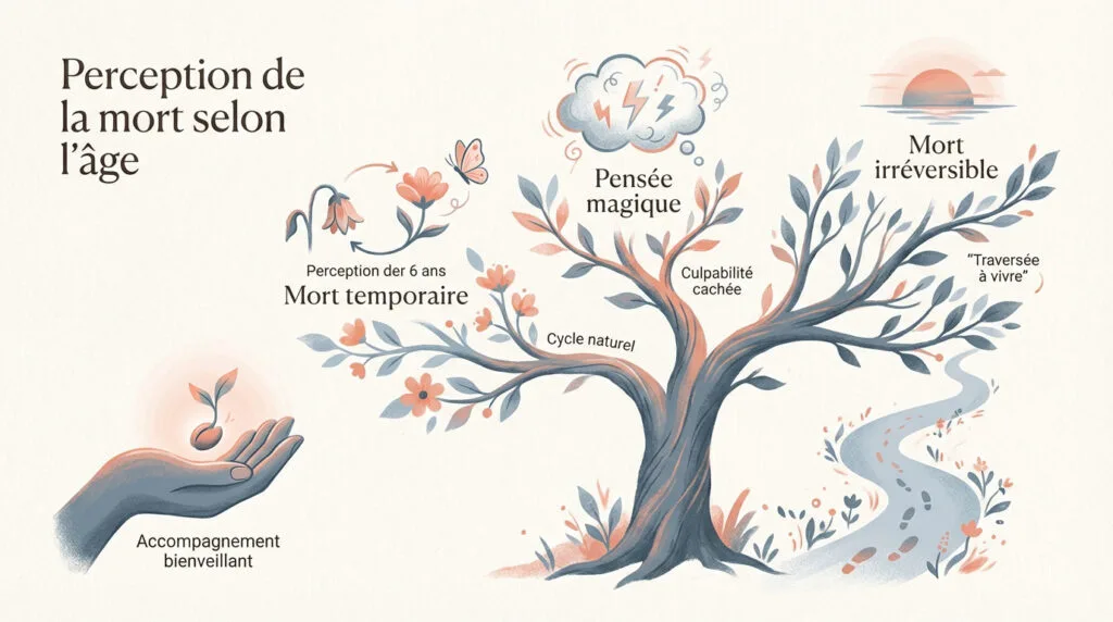 Schéma illustrant la compréhension de la mort chez l'enfant selon les tranches d'âge
