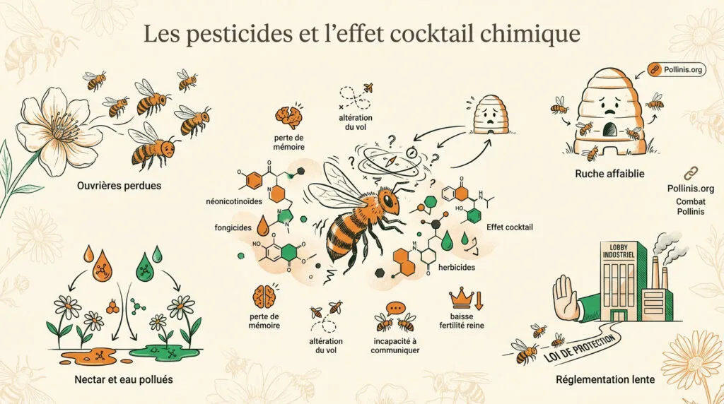 Abeille butinant une fleur traitée aux pesticides