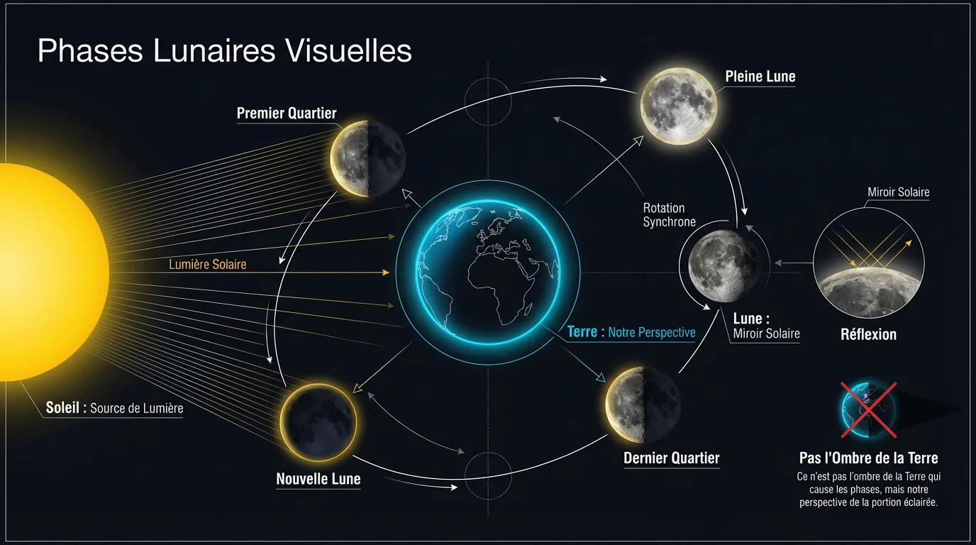 Diagramme explicatif des phases lunaires montrant le Soleil, la Terre et la Lune en orbite, avec les phases clés et la lumière solaire.