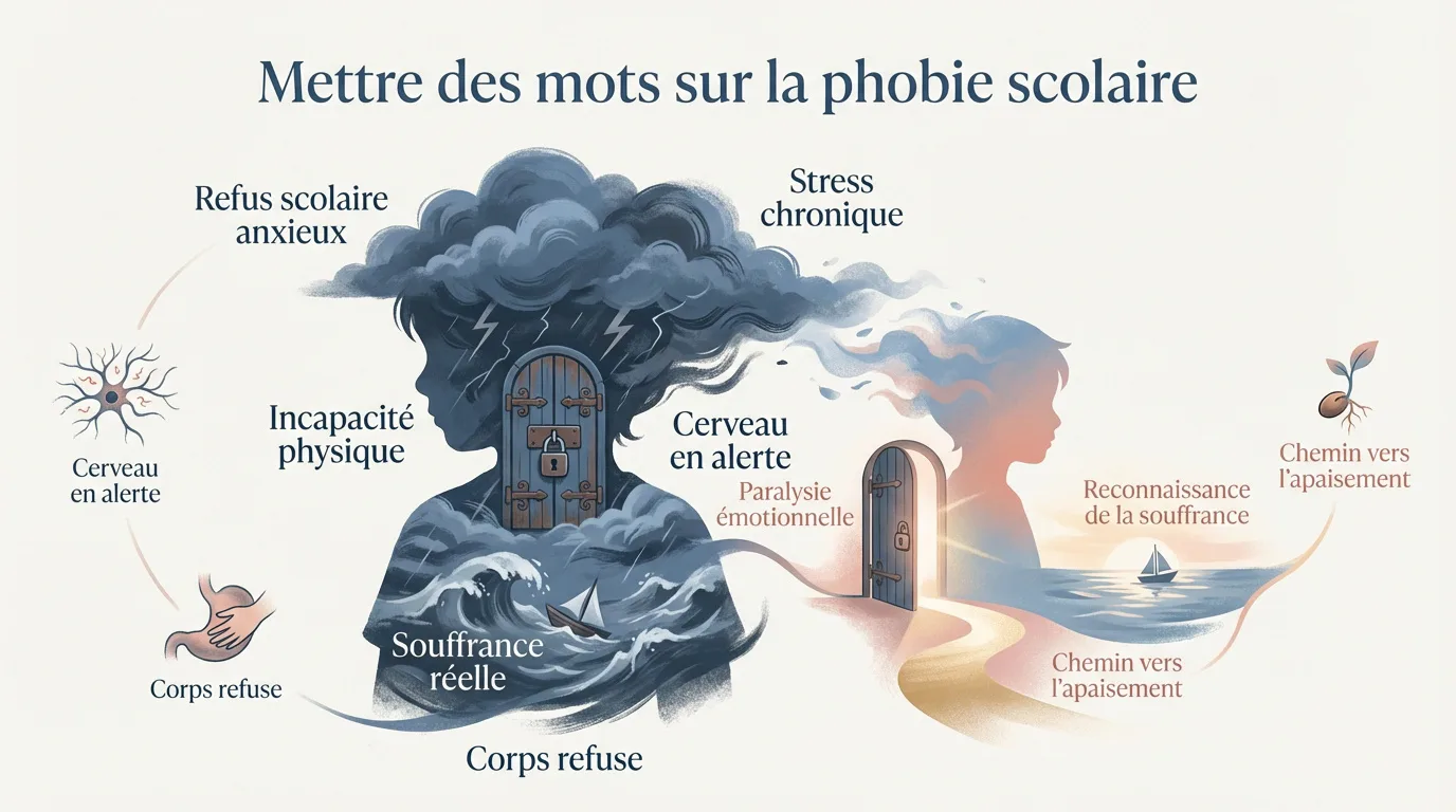 Infographie sur la phobie scolaire, montrant les symptômes du mal-être (tempête, porte verrouillée) et le chemin vers l'apaisement (calme, porte ouverte).