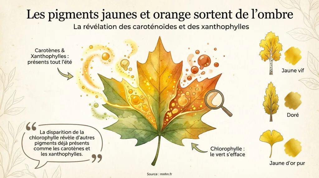Feuilles d'automne révélant des pigments jaunes et orange après la disparition de la chlorophylle