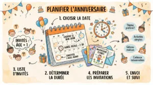 Infographie illustrée des étapes pour organiser un anniversaire enfant réussi : choisir la date, liste d'invités, invitations.