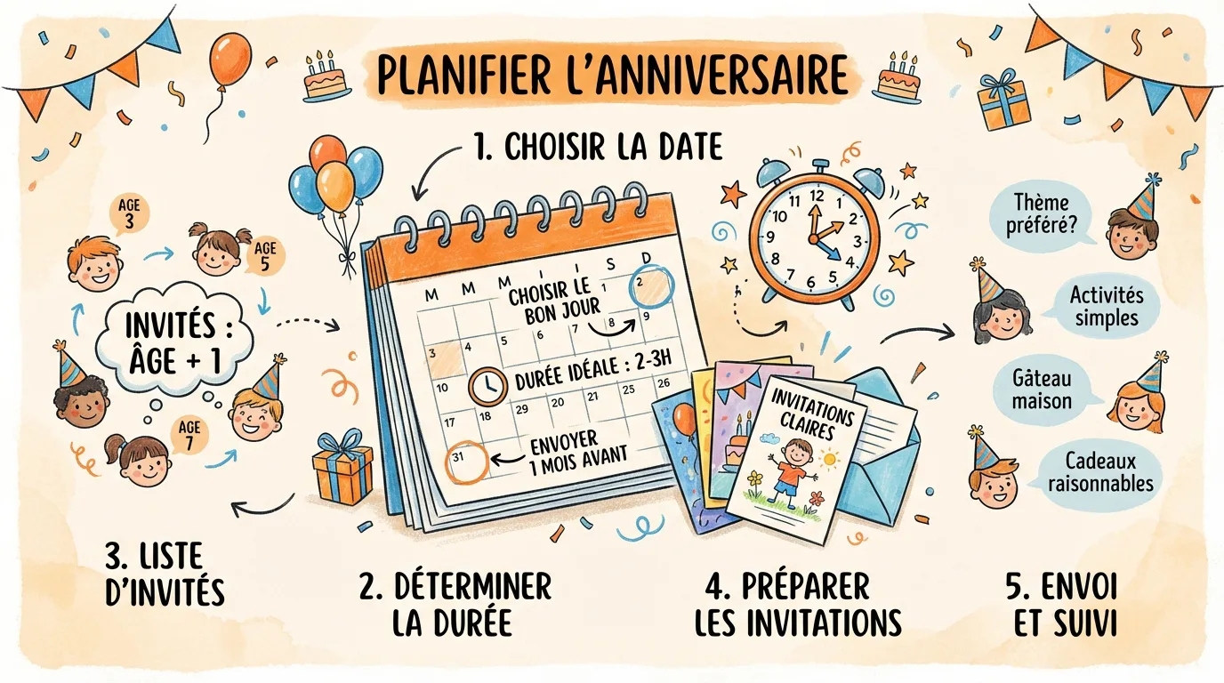 Infographie illustrée des étapes pour organiser un anniversaire enfant réussi : choisir la date, liste d'invités, invitations.