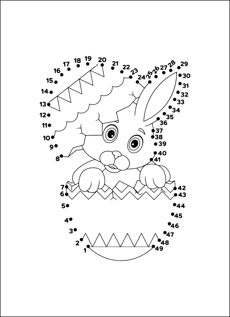 Points a relier Paques lapin qui sort d un oeuf casse avec chapeau numeros 1 a 49 a imprimer