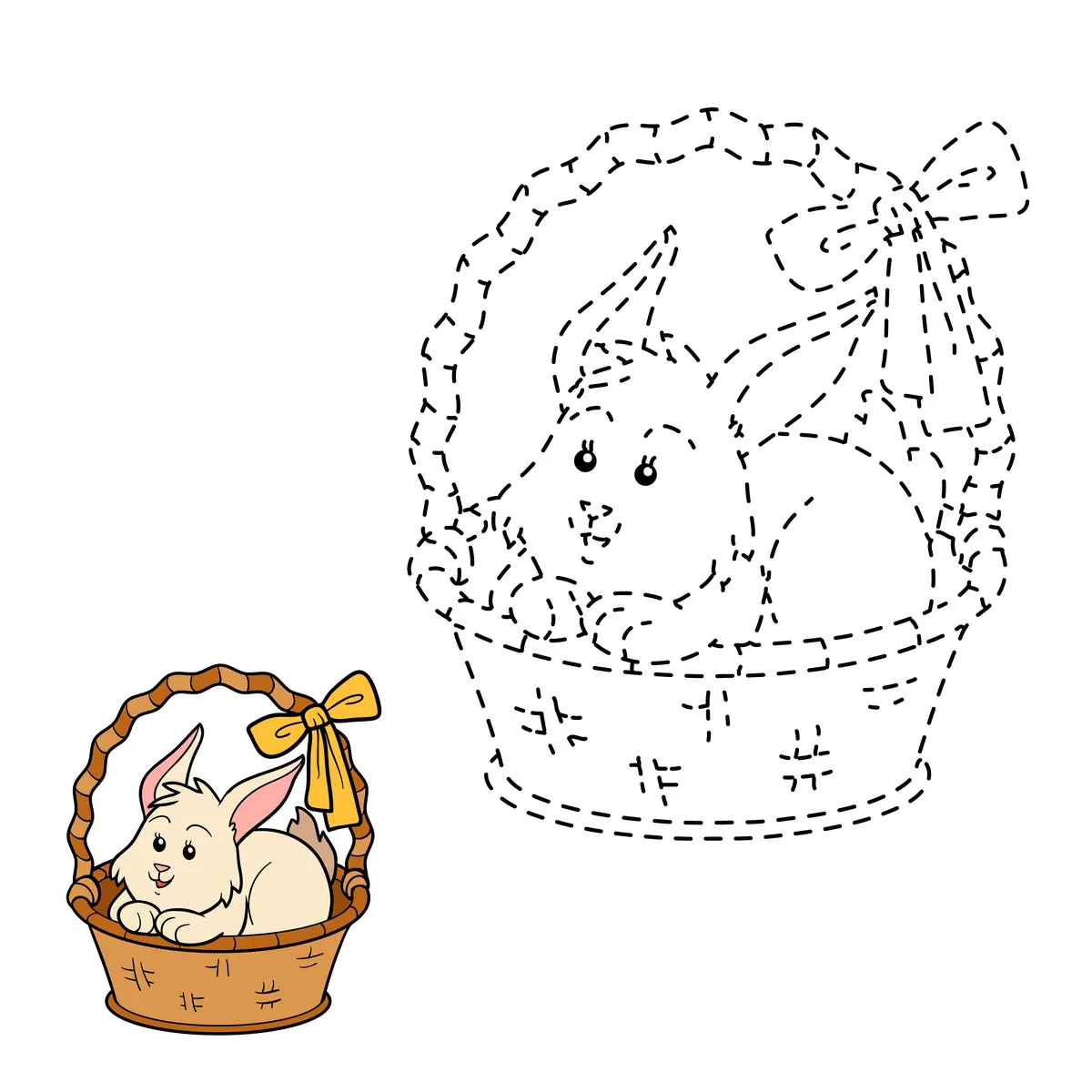 Points a relier Paques lapin dans un panier contour pointille a repasser pour debutants a imprimer