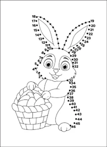 Points a relier Paques lapin tenant un panier d oeufs numerotes de 1 a 46 a imprimer