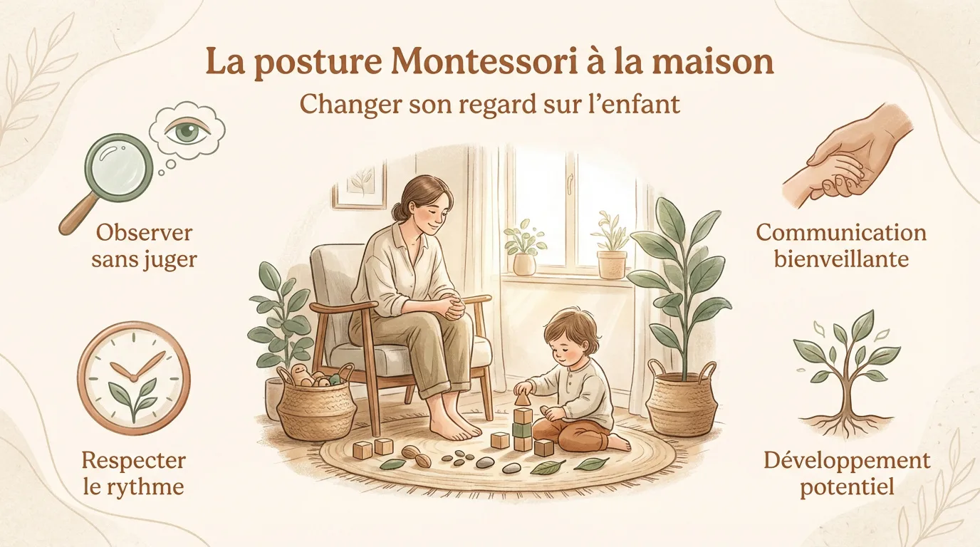 Illustration Montessori: mère et enfant jouent, entourés des principes clés (observation, respect, communication, potentiel).