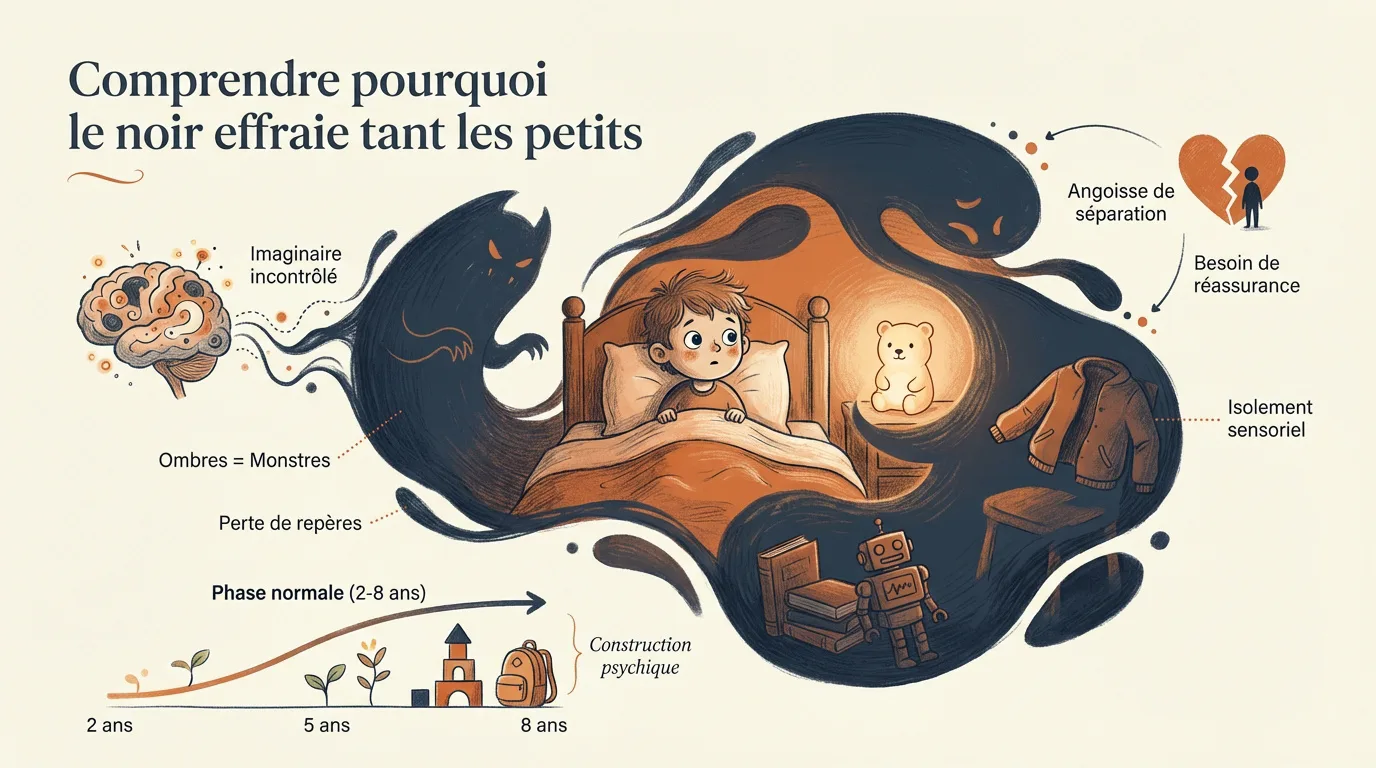 Infographie illustrant un enfant apeuré au lit, entouré d'ombres. Explications des peurs du noir : imagination, anxiété de séparation, isolement sensoriel, et phase normale de 2 à 8 ans.
