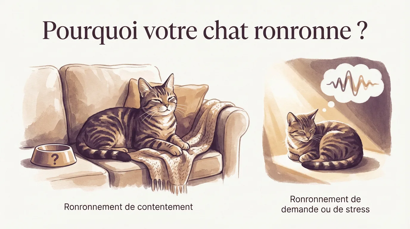 Illustration didactique sur les ronronnements du chat : un chat content sur un canapé et un chat stressé avec des ondes sonores.