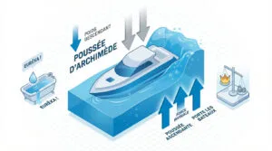 Illustration expliquant la poussée d'Archimède avec la baignoire d'Eurêka, un bateau flottant et la couronne du roi.