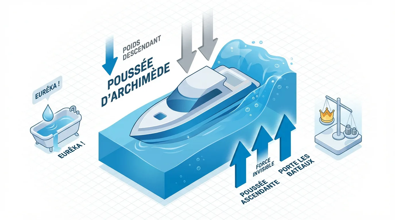 Illustration expliquant la poussée d'Archimède avec la baignoire d'Eurêka, un bateau flottant et la couronne du roi.