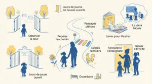 Illustration des étapes pour préparer un enfant à la maternelle : exploration de l'école, rencontre du personnel, routine scolaire.
