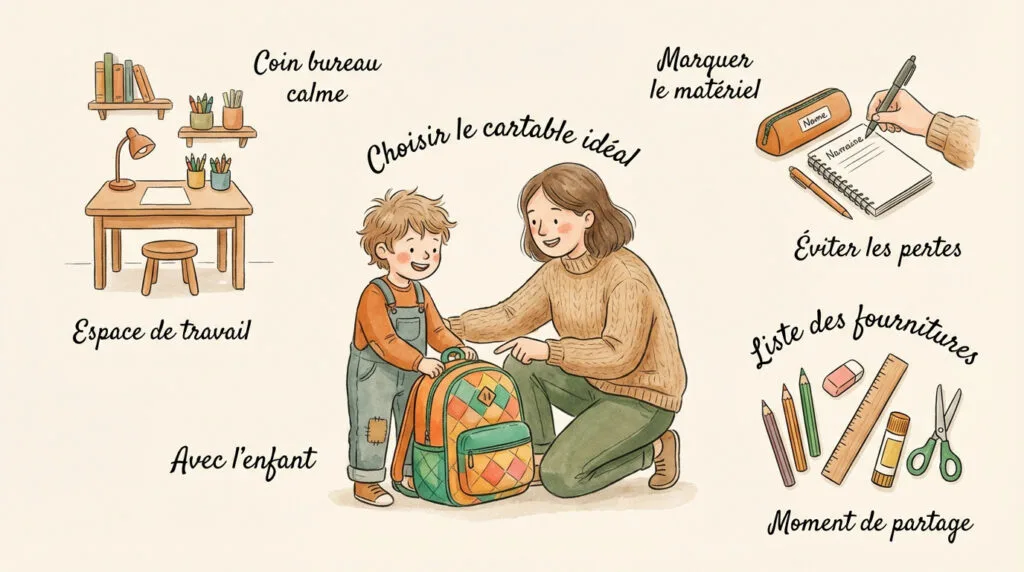 Enfant souriant préparant son cartable pour sa rentrée au CP