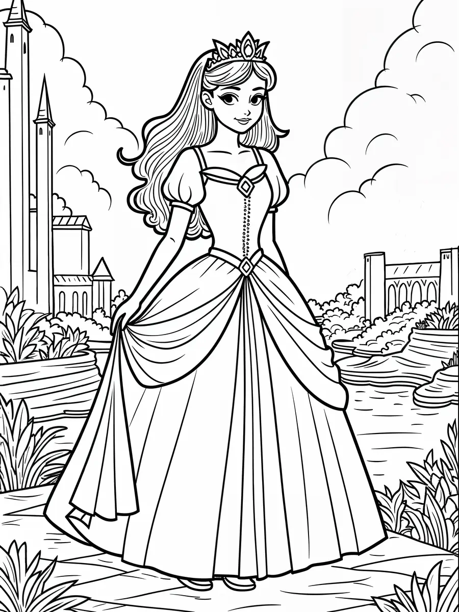 Coloriage princesse avec couronne devant château à imprimer