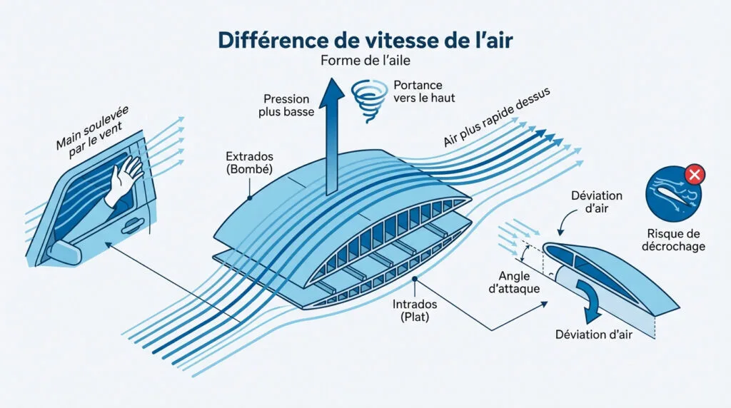 Schéma expliquant la portance et la pression de l'air sur une aile d'avion