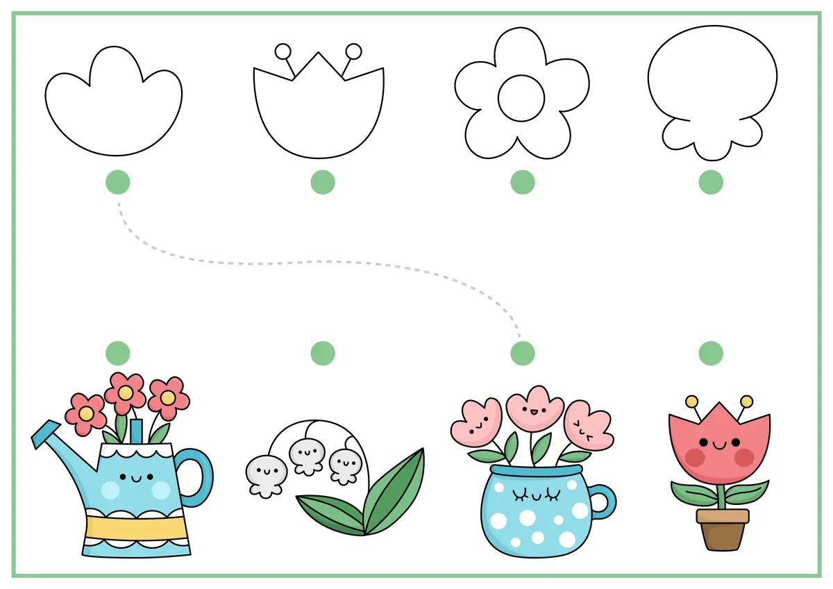Jeu maternelle associer contours aux jolies fleurs kawaii tulipe muguet arrosoir maternelle a imprimer