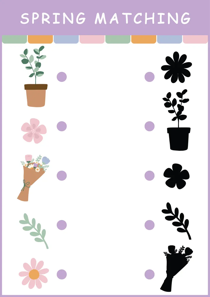 Jeu maternelle associer ombres noires aux plantes en pot bouquet et fleurs de printemps a imprimer