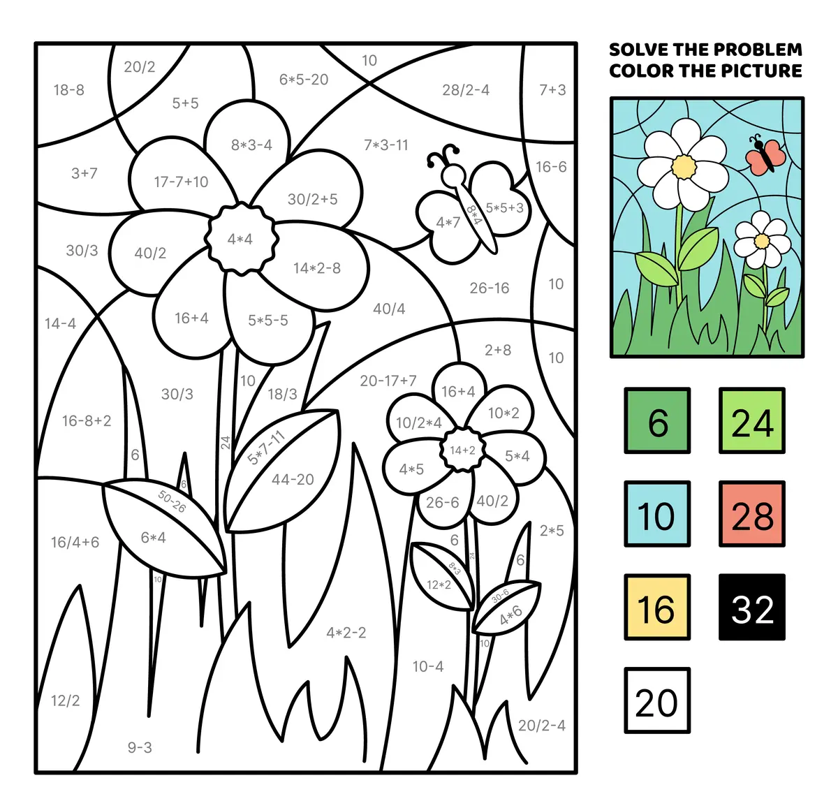 Coloriage magique avec calculs additions soustractions papillon et marguerites maternelle GS et CP a imprimer