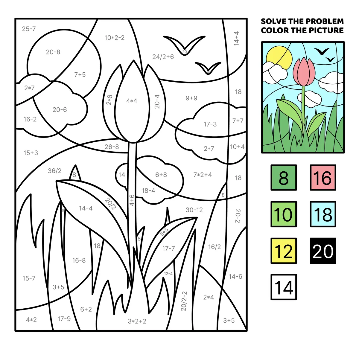 Coloriage magique avec calculs tulipe et paysage printanier maternelle GS et CP a imprimer
