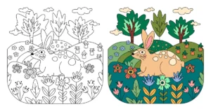 Coloriage lapin de printemps dans la prairie fleurie avec version a colorier maternelle a imprimer