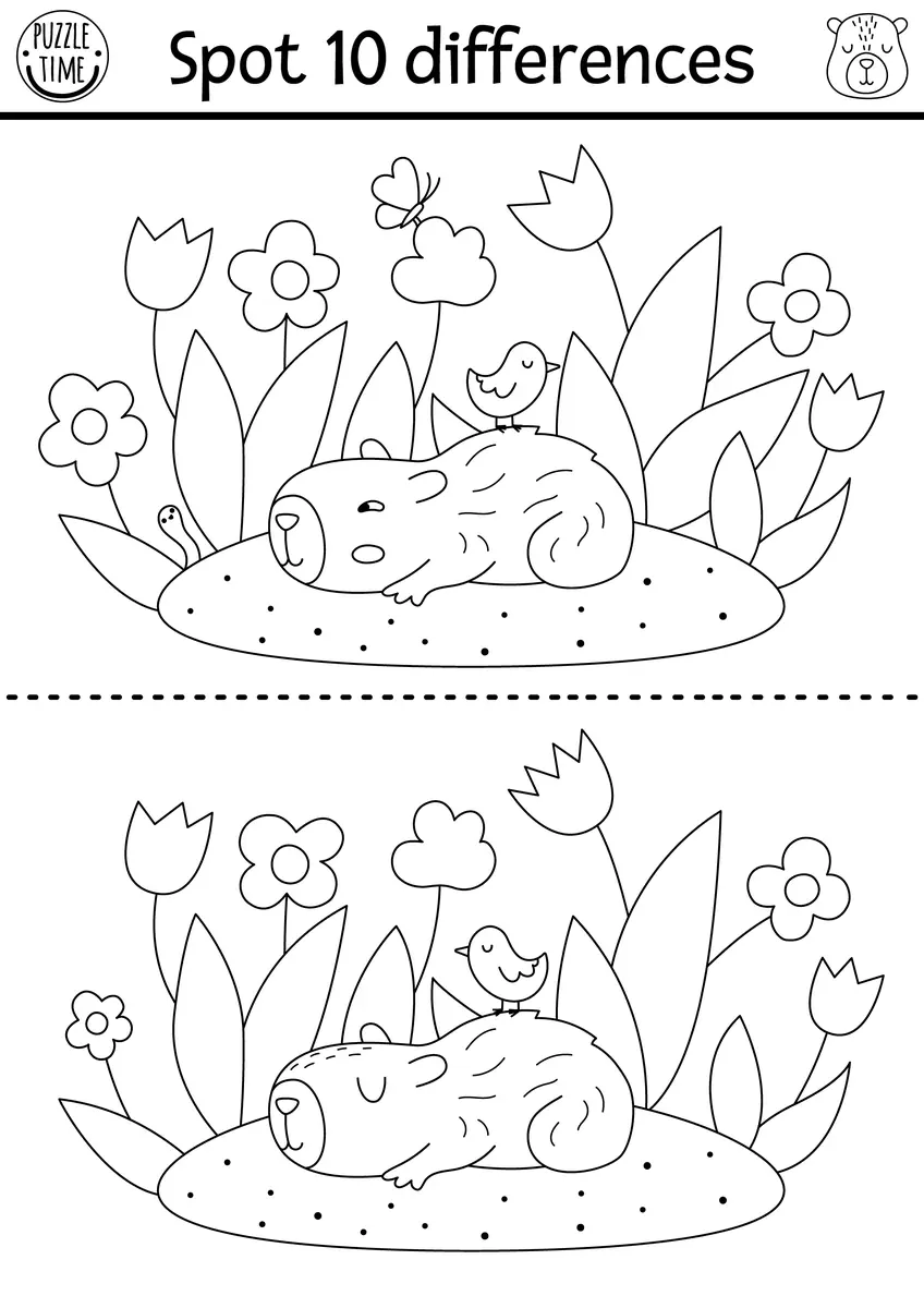 Jeu maternelle trouver 10 differences capybara endormi dans la prairie fleurie de printemps a imprimer