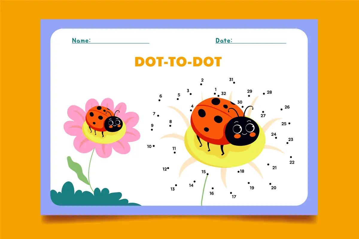 Fiche points a relier maternelle coccinelle sur fleur jaune de printemps en suivant les chiffres de 1 a 32 a imprimer