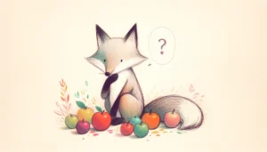 A cute cartoon fox sitting next to a small pile of colorful apples, looking thoughtful with one paw on its chin, a tiny question mark floating above, simple and clean