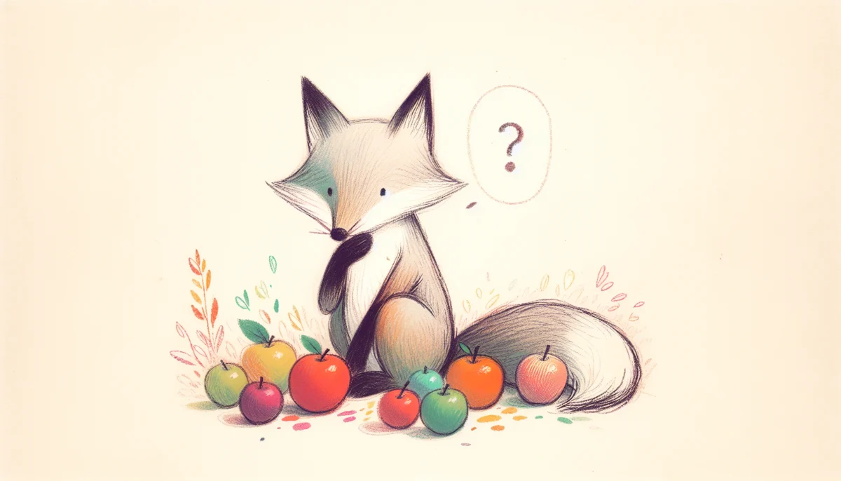 A cute cartoon fox sitting next to a small pile of colorful apples, looking thoughtful with one paw on its chin, a tiny question mark floating above, simple and clean