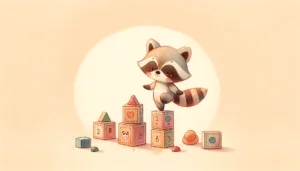A cute cartoon raccoon balancing on a small stack of wooden counting blocks, with a few colorful geometric shapes scattered around, simple and clean