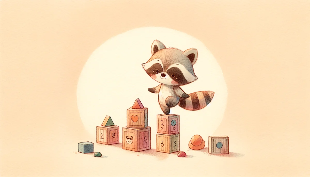 A cute cartoon raccoon balancing on a small stack of wooden counting blocks, with a few colorful geometric shapes scattered around, simple and clean