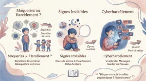 Infographie sur le harcèlement scolaire. Illustre les moqueries/harcèlement, les signes invisibles chez l'enfant et le cyberharcèlement.