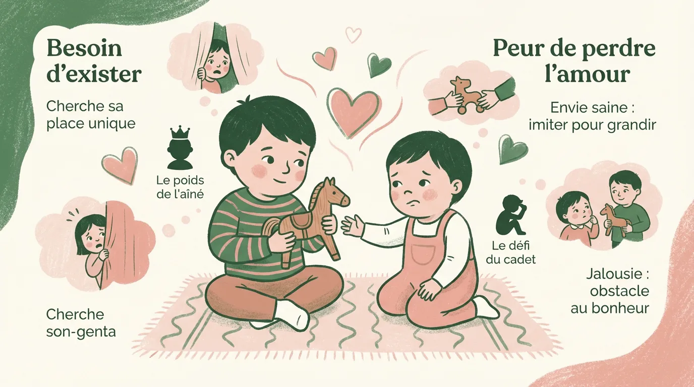 Illustration de deux frères sur un tapis, l'aîné souriant tient un cheval, le cadet triste tend la main. Des bulles expliquent leurs émotions liées à la jalousie fraternelle.