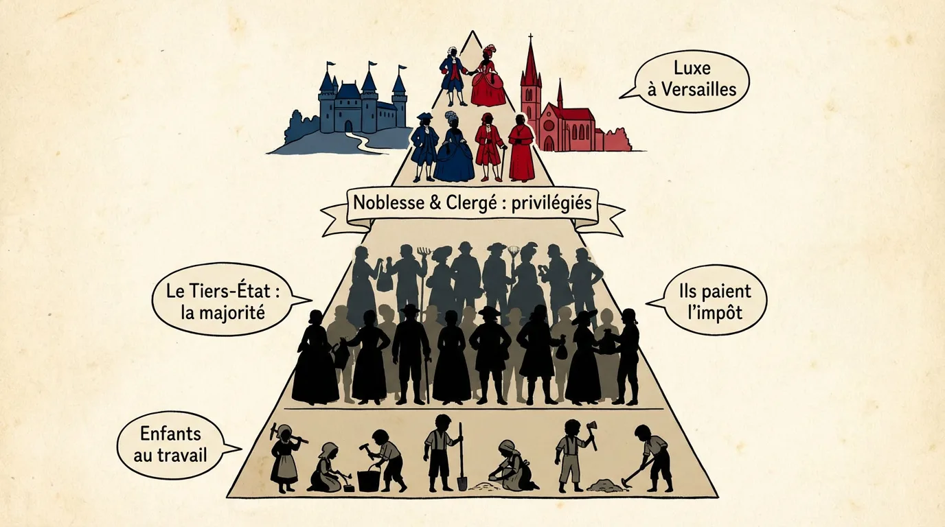 Illustration d'une pyramide sociale française pré-révolutionnaire. Noblesse et Clergé au sommet, Tiers-État au milieu, enfants au travail à la base.