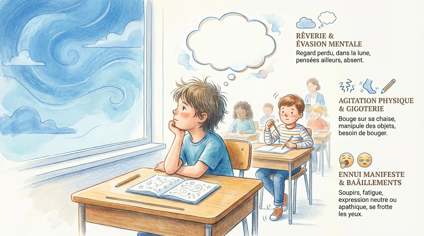 Illustration d'enfants à l'école, montrant les signes d'ennui : rêverie, agitation physique et bâillements.