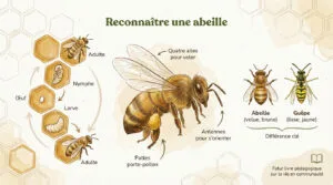 Illustration pédagogique montrant le cycle de vie de l'abeille, son anatomie détaillée et la distinction entre abeille et guêpe.